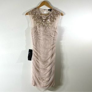 bebe Beige Sleeveless Dress with Embellished Neckline